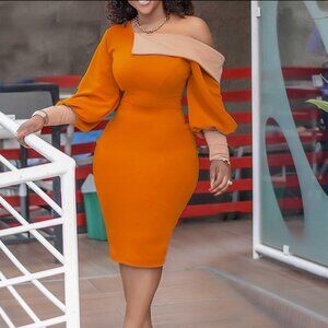 Elegant Puff Sleeve Bodycon Midi Dress Women's Orange & Beige